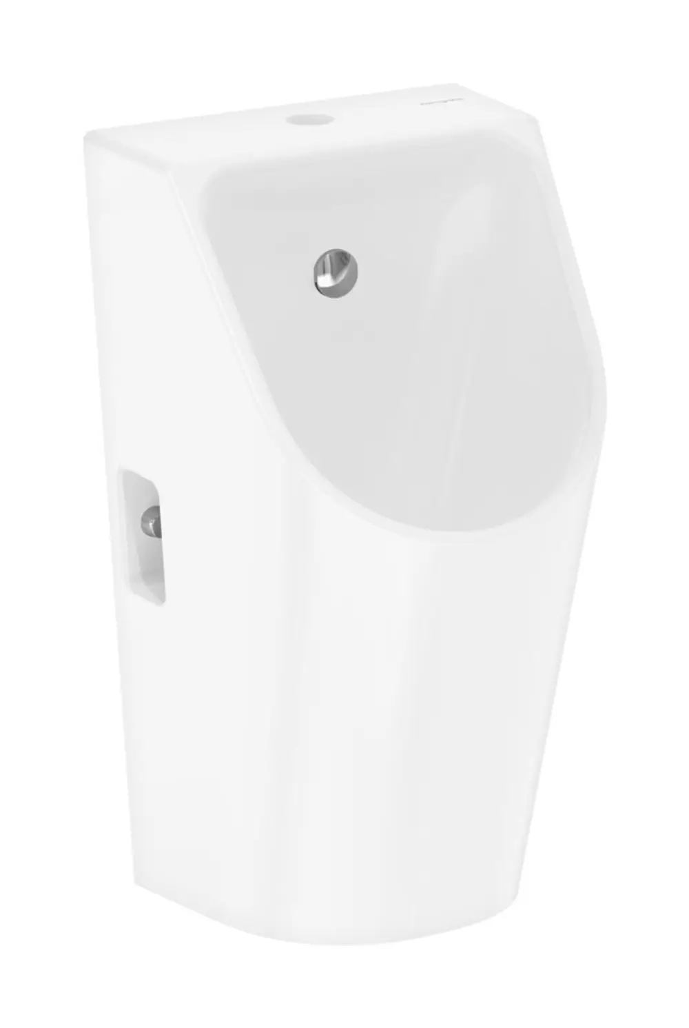 Weißes Urinal mit Zulauf von oben und Ablauf nach unten/hinten, spülrandlos. Produkt von Hansgrohe, geeignet für moderne Sanitäranlagen.